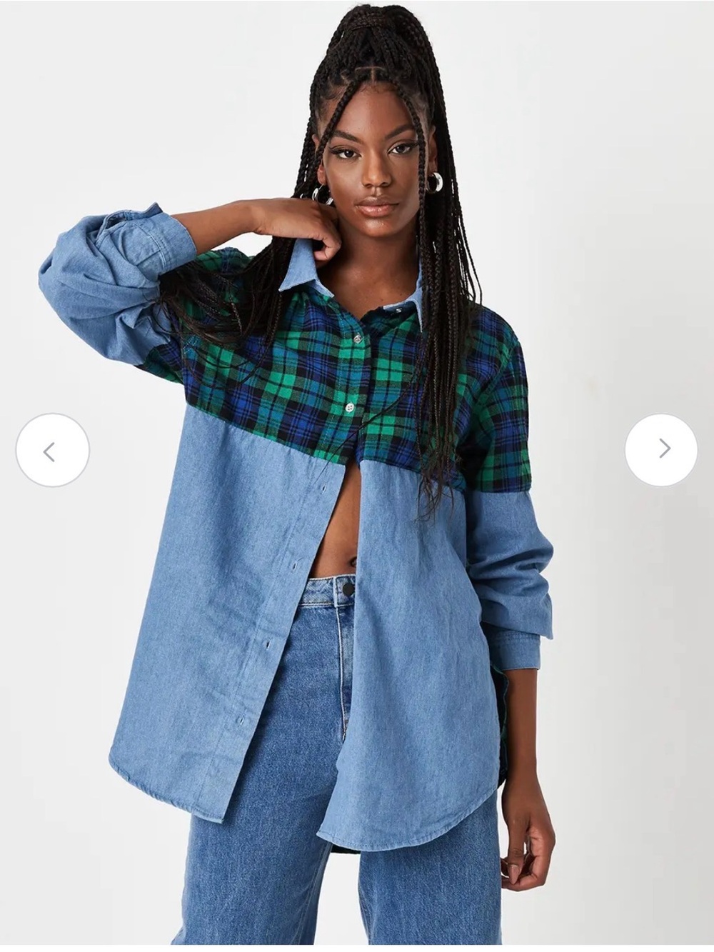 NWT New Look Blue Denim Shirt Jacket with Green Plaid Flannel